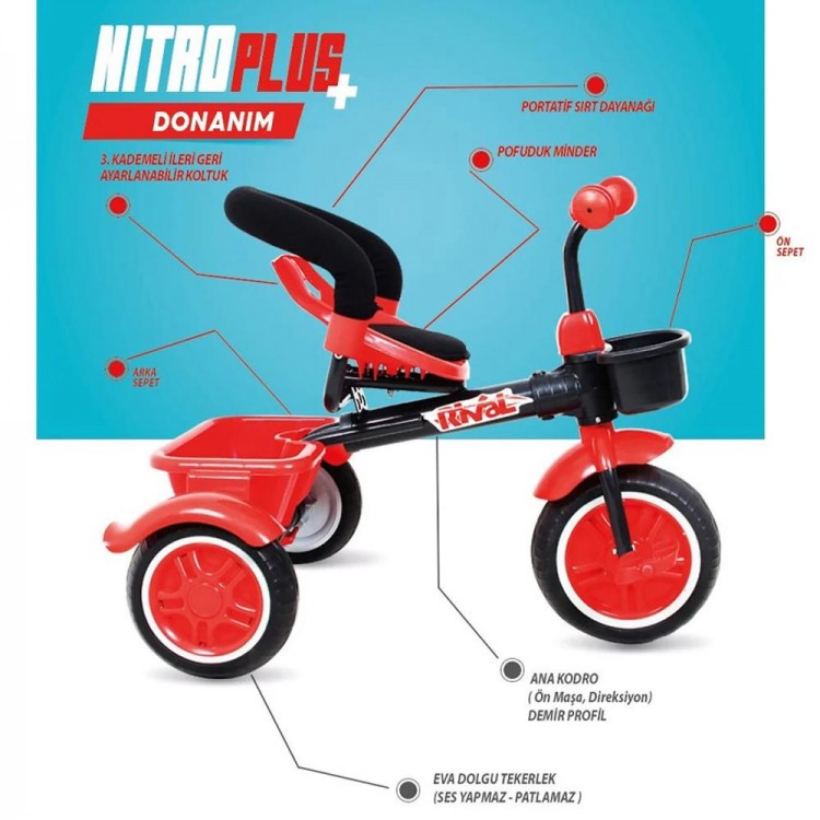 Rival Rv502 Nitro PLUS 3 Tekerli Çocuk Bisikleti Eva Dolgu, Patlamaz Ses yapmaz Çocuk Bisikleti Mavi